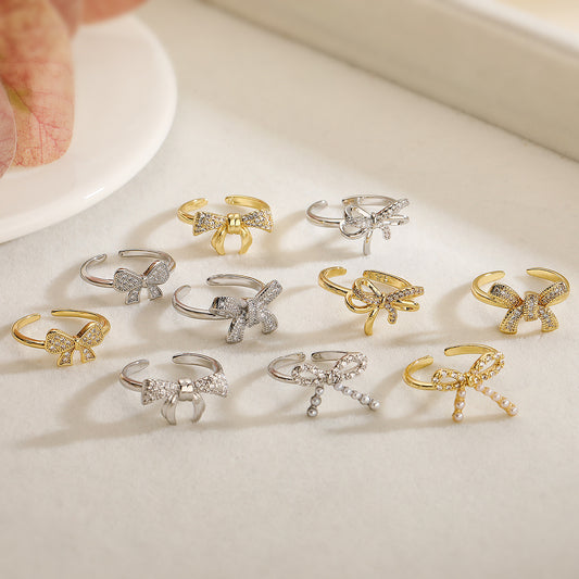 Minimalist Bowknot-Shaped Open Ring for Women Made of Copper with Micro-Pave Zirconia Accents