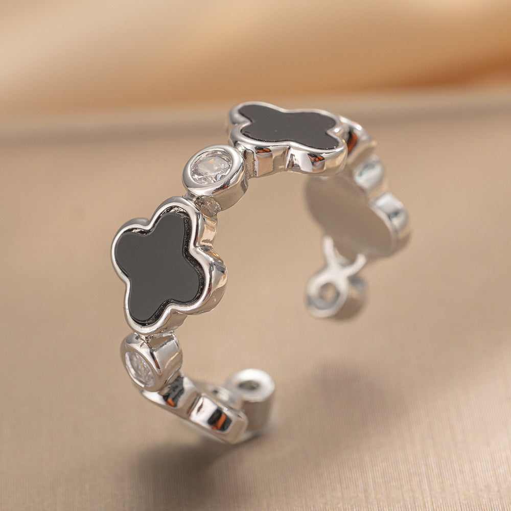 Luxury Minimalist Adjustable Open Ring for Women with Gold-Plated Copper Band and Zircon Stone Accent in Heart and Floral Shape