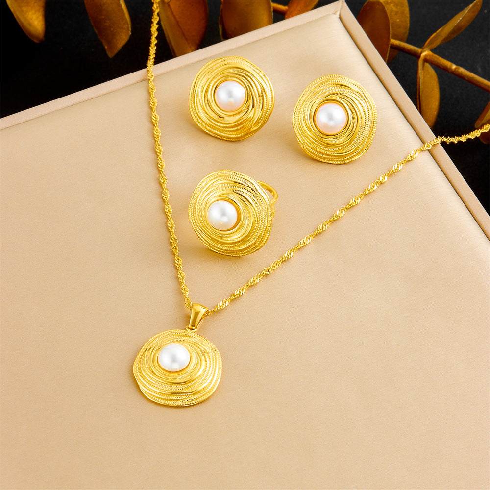 Vintage Elegant 18K Gold Plated Round Wire-Wrapped Pearl Stainless Steel Necklace Earring Ring Set