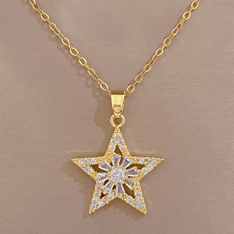 Luxury Titanium Steel Geometric Star and Flower Pendant Necklace Set with Rhinestone Inlay for Women Formal Events