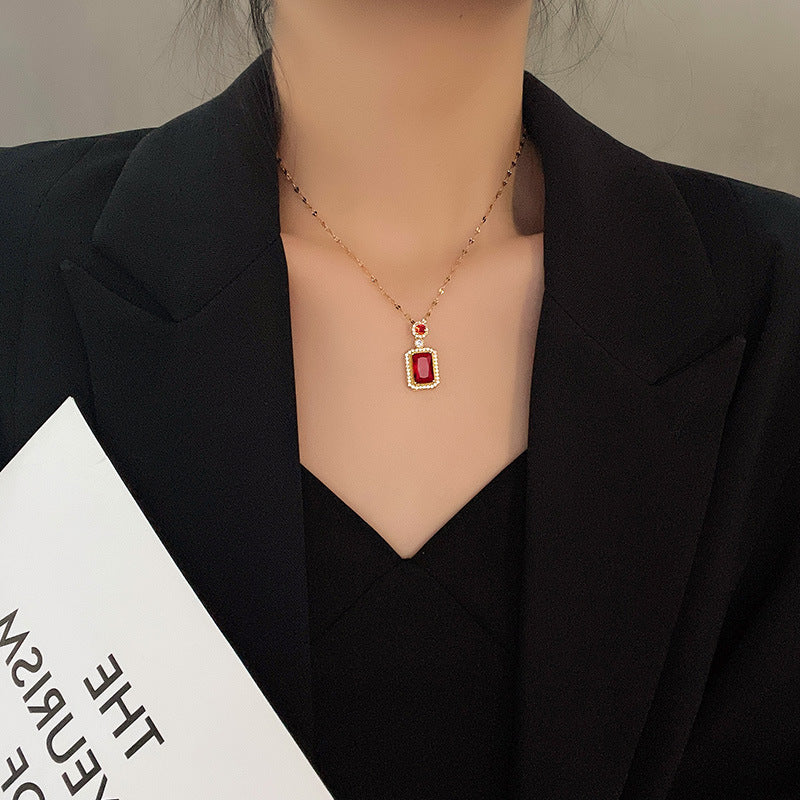 Elegant Red and Green Letter-Shaped Titanium Steel Necklace with Micro-Pave Zirconia for Women