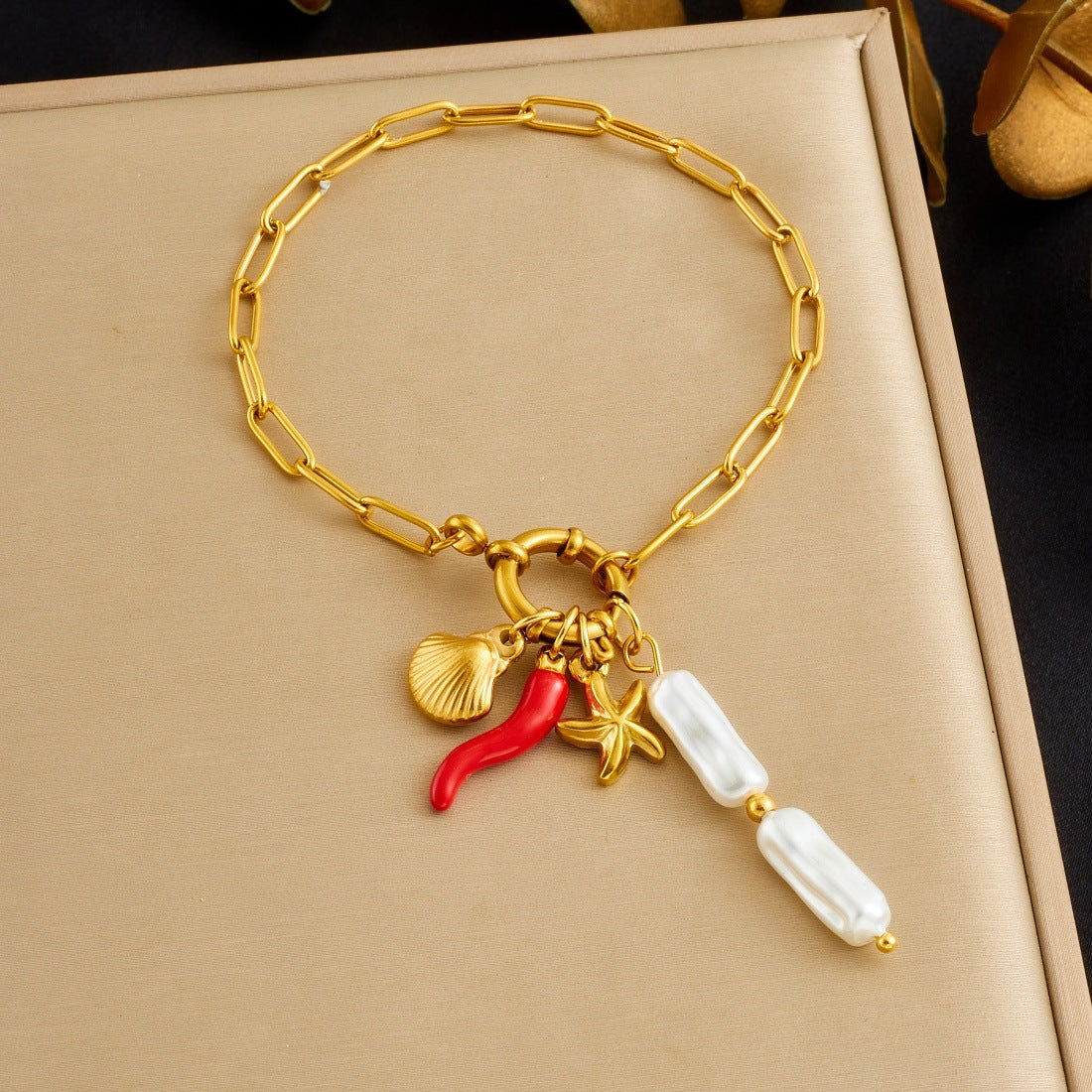 Minimalist Sweet Gold Plated Stainless Steel Starfish Shell Pearl Charm Bar Bracelet