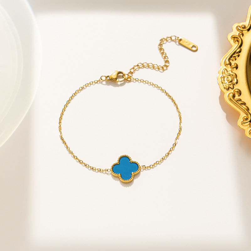 Minimalist Four-Leaf Clover Bracelet in Titanium Steel with Electroplated Finish for Women and Unisex Wear
