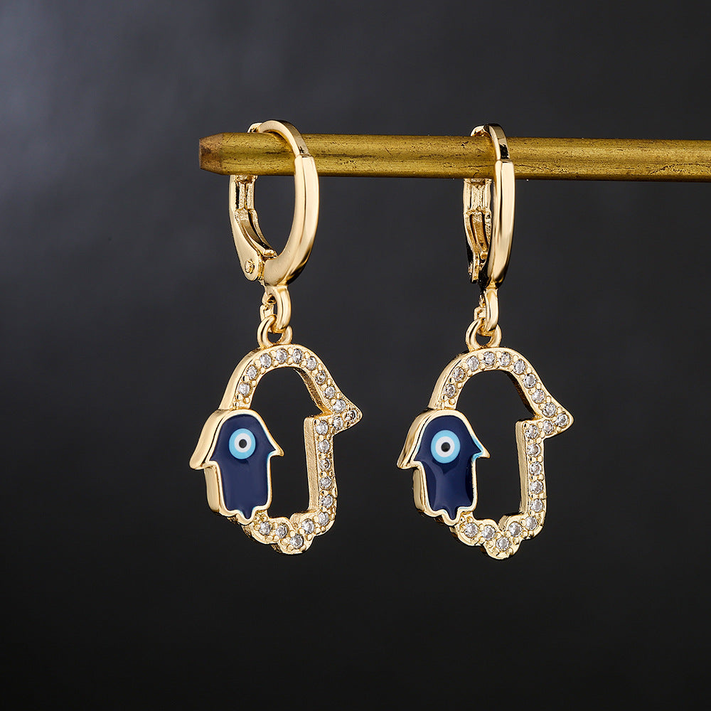 Minimalist Fatima Hand Earrings for Women in Copper with 18K Gold Plating and Zircon Inlay