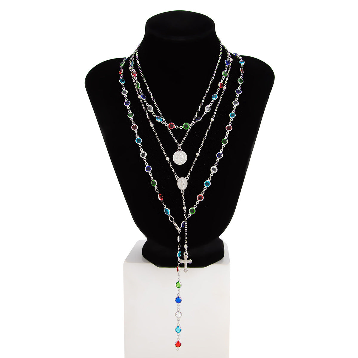 Collar casual chapado en aleación con diseño floral geométrico de corazón y cruz, con incrustaciones de cristal y estrás para mujer