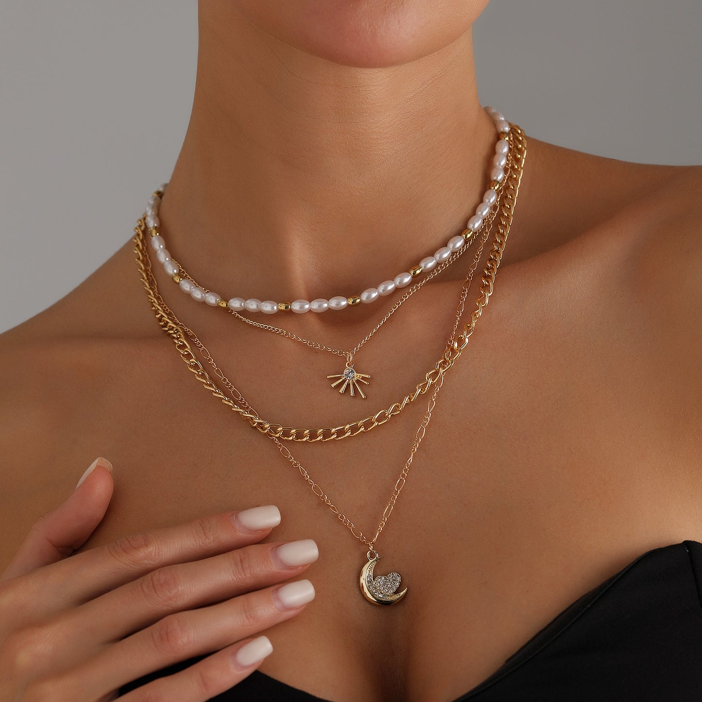 Vintage Sexy Multi-Layer Moon and Heart Pendant Necklace in Alloy with Plated Finish for Women