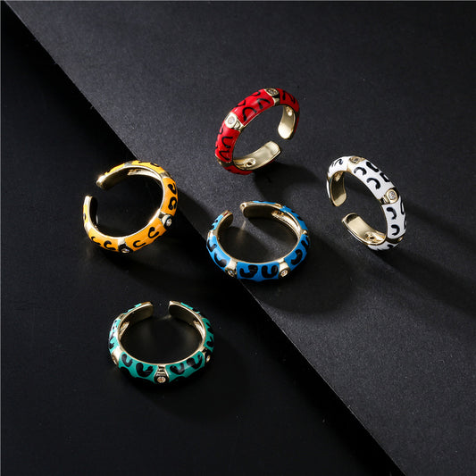 Colorful Drip Oil Geometric Brass Ring with Micro-inlaid Cubic Zirconia for Women