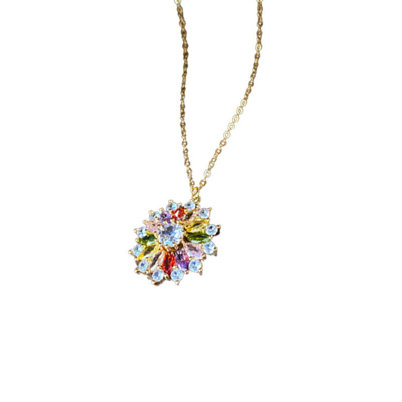 French Style Floral Pendant Necklace with Zircon Inlay on O-Chain for Women