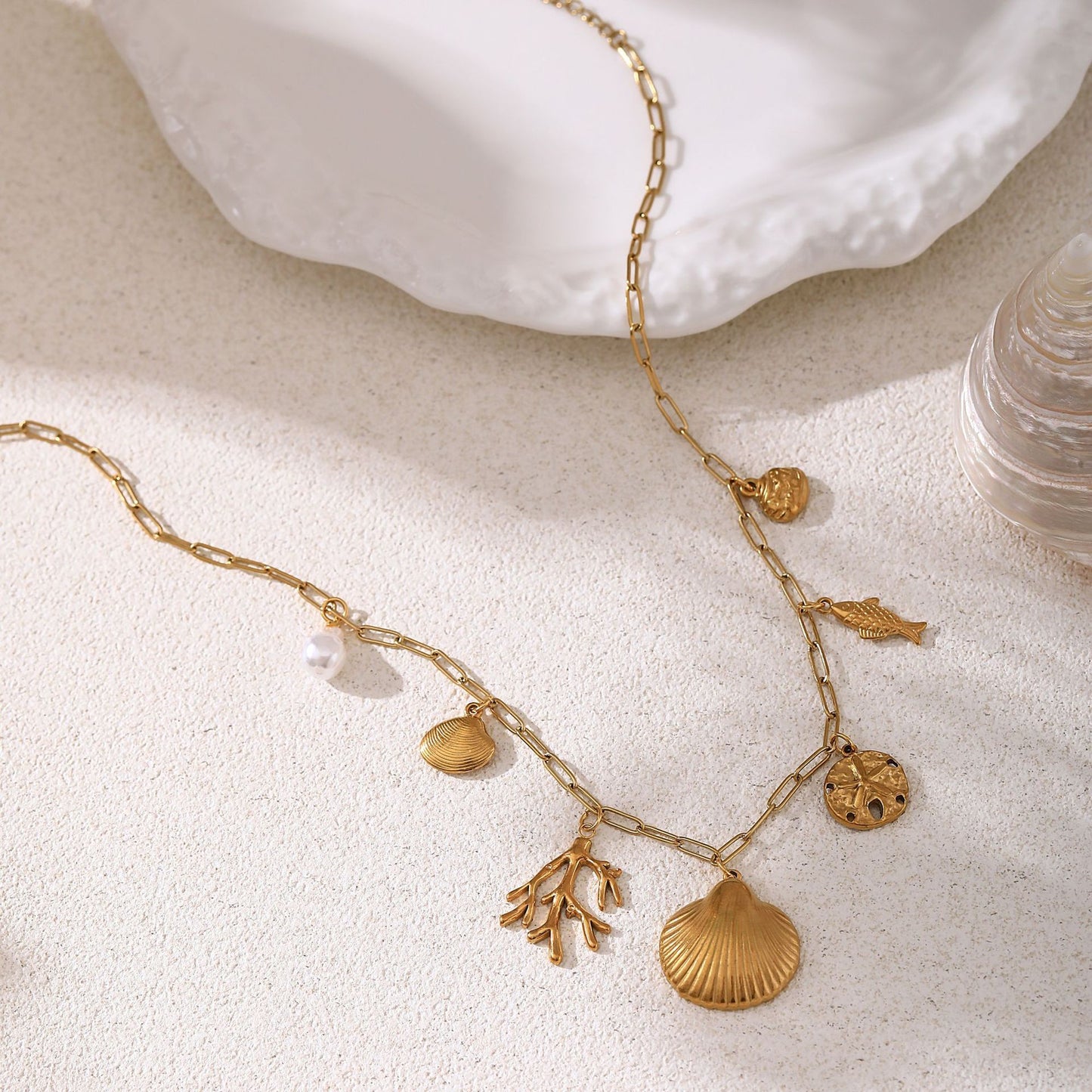 Beach Style 18K Gold Plated Stainless Steel Shell Fish Irregular Necklace