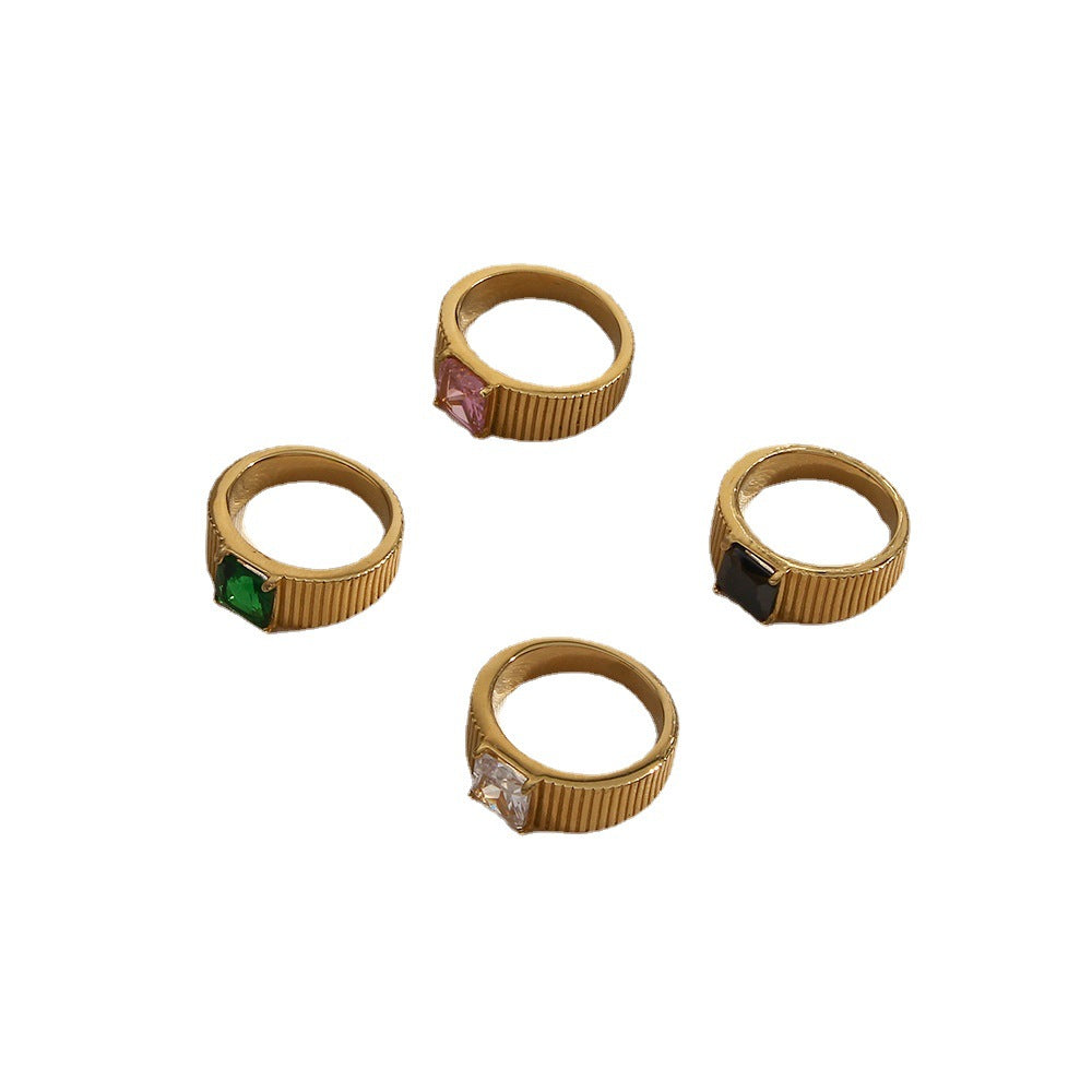 Fashionable Geometric Stainless Steel Ring for Women with Side Stripe Engraving and White Pink Green Rhinestone Accents