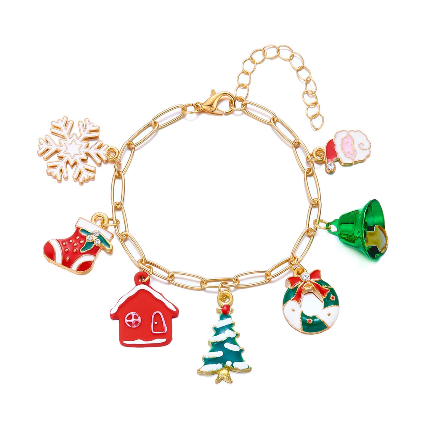 Collana con ciondolo in lega a tema natalizio e set bracciale con motivi a fiocco di neve e Babbo Natale, finitura smaltata, gioielli casual da donna