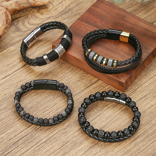 Hip-hop Round Leather Handmade Braided Multi-layer Bracelet with Magnetic Clasp