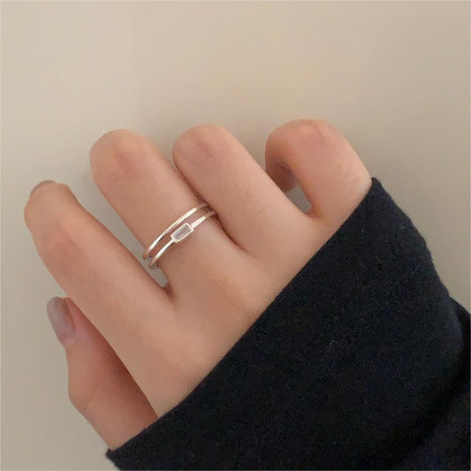 Sweet Minimalist 925 Sterling Silver Rectangle Geometric Cubic Zirconia Inlay Ring for Women