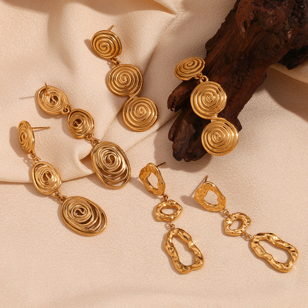 Fashionable Geometric Hollow-Out Asymmetrical Hammered Texture Stainless Steel Ear Cuffs with 18K Gold Plating for Women