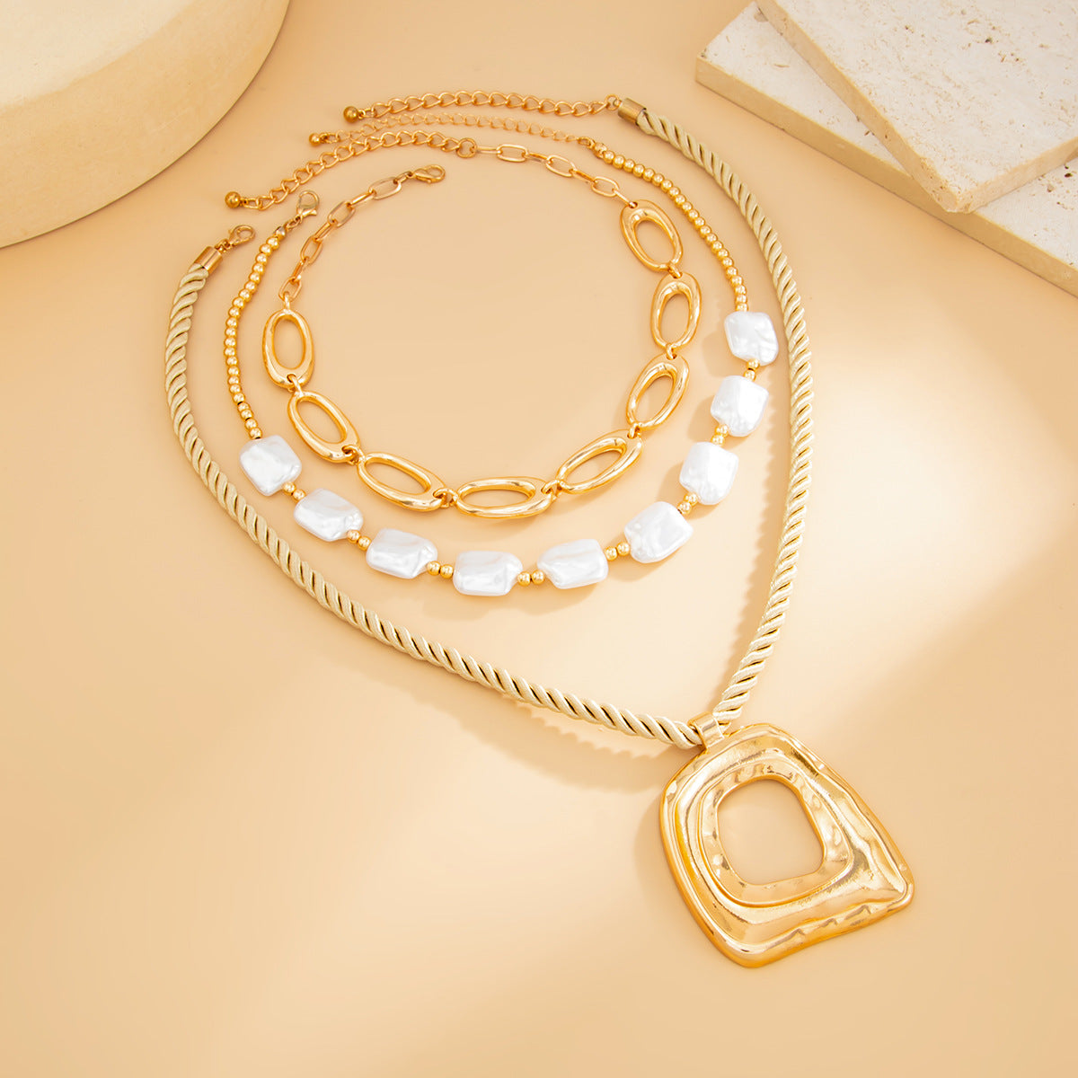 Layered Geometric Square Hollow Alloy Necklace with Irregular CCB Pearl Pendant for Women