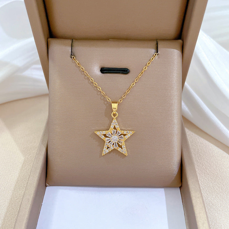 Collar geométrico minimalista de acero de titanio dulce con colgante incrustado de diamantes de imitación para mujer