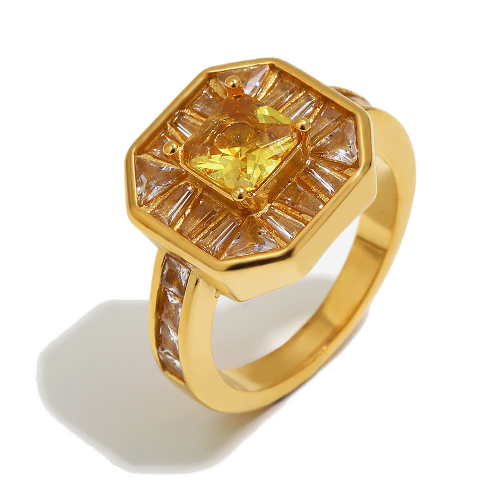 Vintage Elegant 18K Gold Plated Square Geometric Stainless Steel Ring with Full Cubic Zirconia for Women