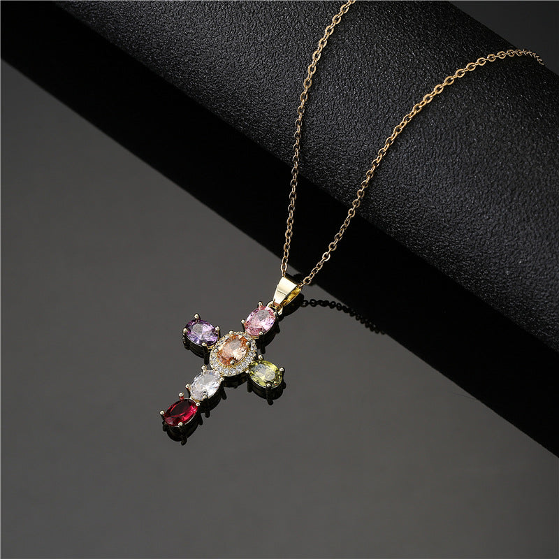 Minimalist Geometric Cross Brass Inlaid Cubic Zirconia Pendant Necklace with Cable Chain for Women