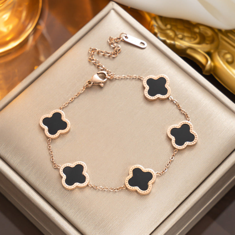 Fashion 18K Rose Gold Plated Titanium Steel Four-Leaf Clover Rhinestone Bracelet for Women