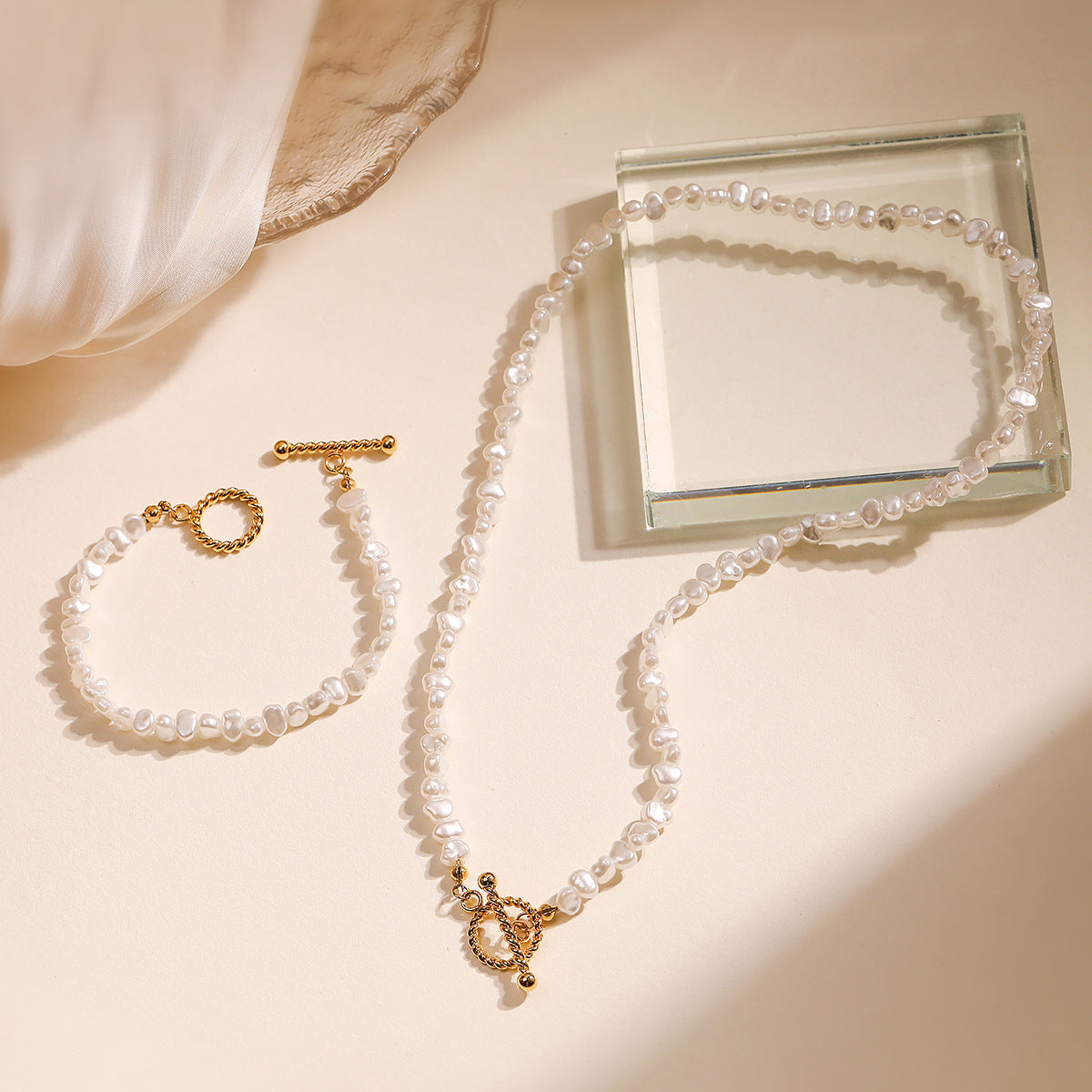 Baroque Irregular Imitation Pearl Stainless Steel Necklace and Bracelet Set for Women with OT Clasp