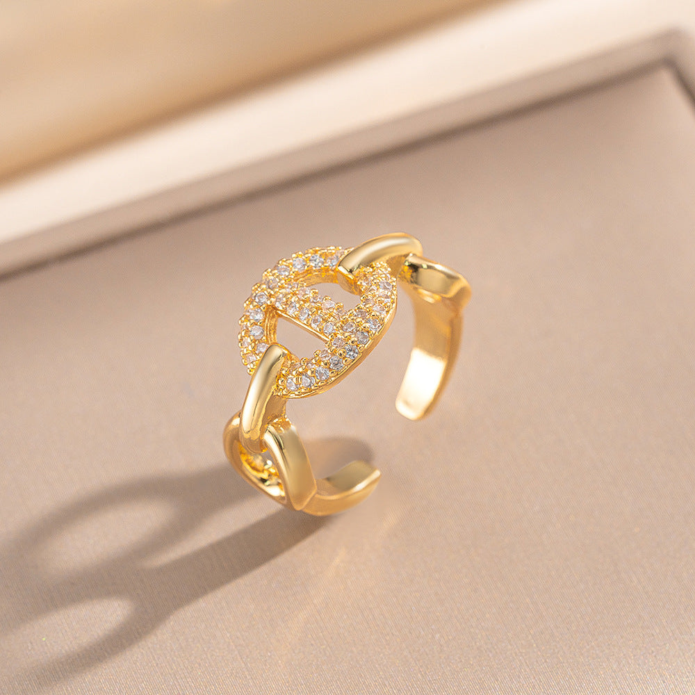 Minimalist Elegant Geometric Letter Ring 18K Gold Plated Brass Full Cubic Zirconia Inlay Open Adjustable Finger Ring for Women