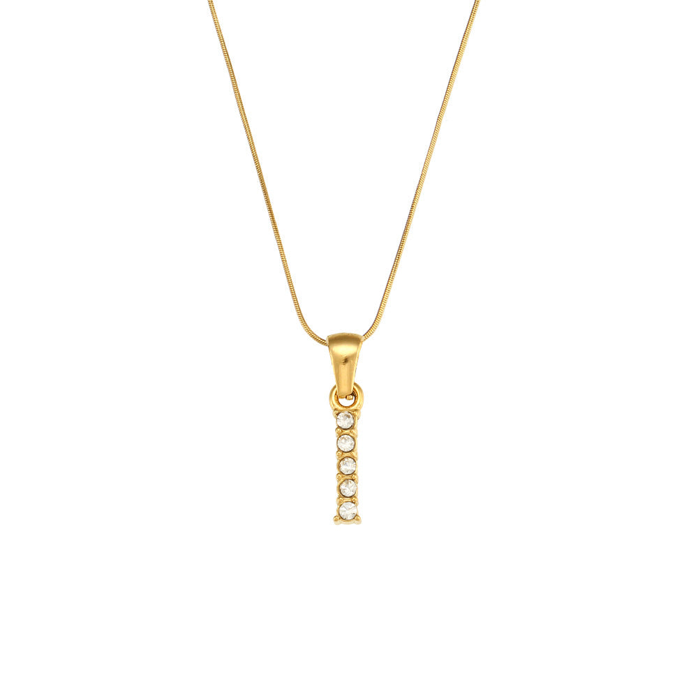 Fashion Minimalist Letter Pendant Necklace in Stainless Steel with 18K Gold Plating and Cubic Zirconia on Thin Snake Chain for Women