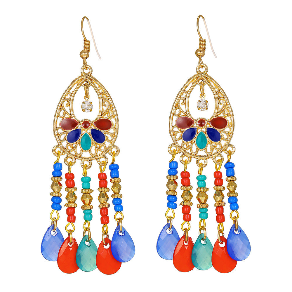 Vintage Bohemian Ethnic Geometric Round Alloy Plated Tassel Earrings for Women