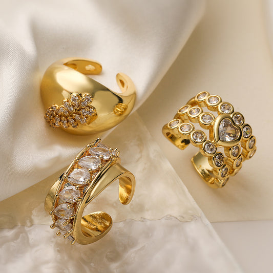 Anello aperto geometrico vintage da donna in ottone con zirconi micro-pavé