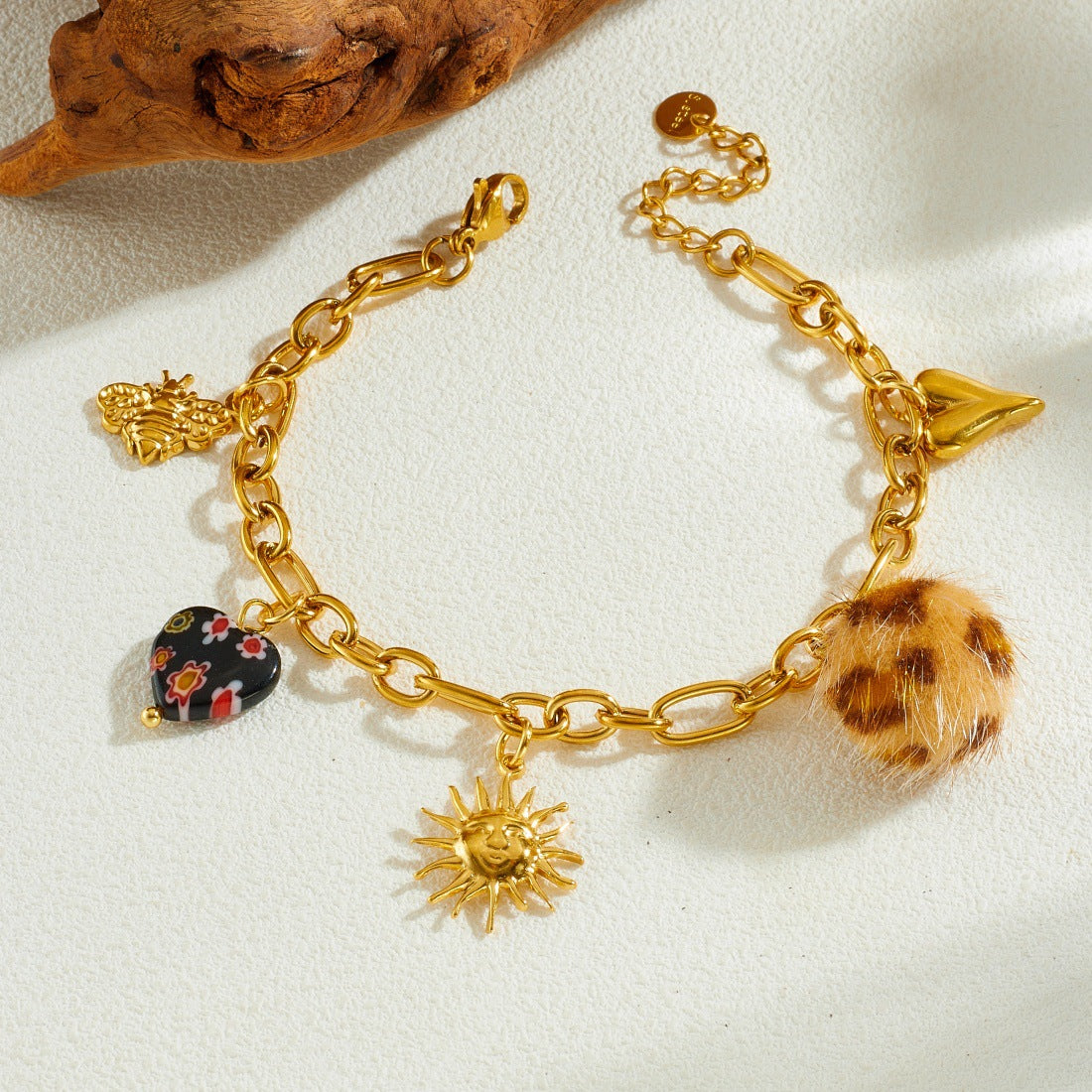 Vintage Leopard Print Floral Heart Round Gold Plated Stainless Steel Bracelet