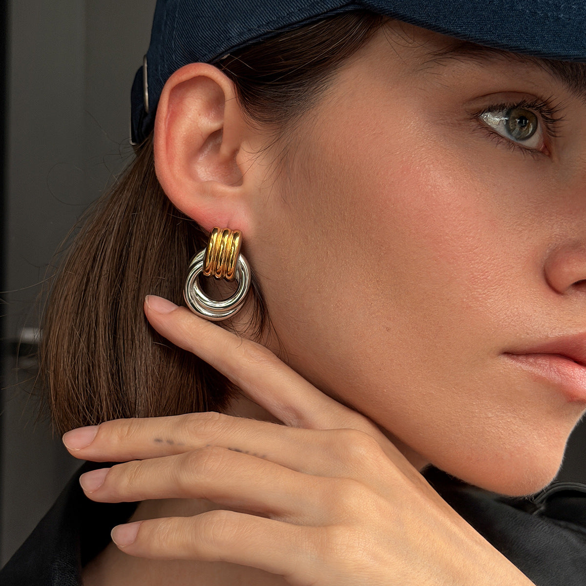 Minimalist 18K Gold Plated Stainless Steel Double Circle Geometric Earrings for Women