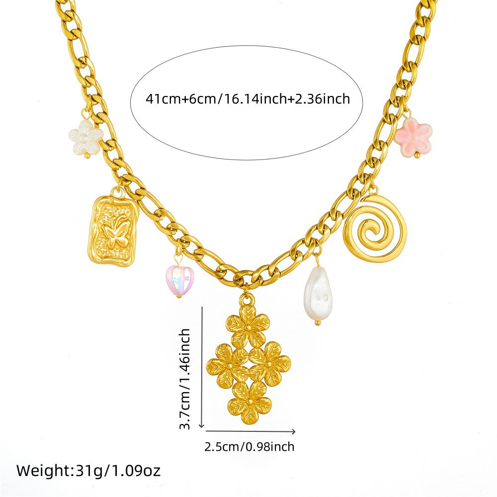 Fashionable Gold-Plated Stainless Steel Floral Butterfly Diamond Square Pendant Necklace with Cuban Chain for Women