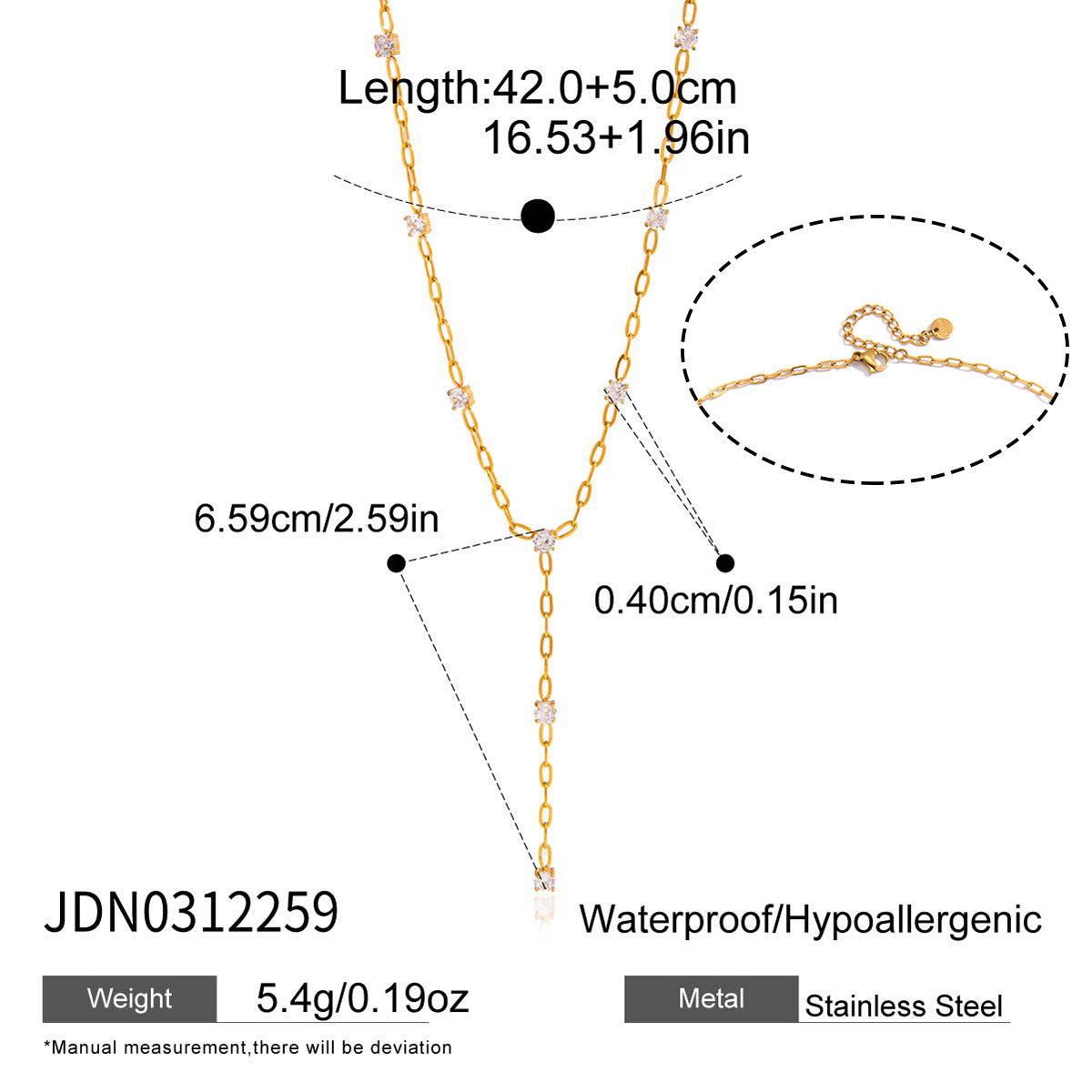 Minimalist Elegant Geometric Teardrop PVD Stainless Steel Cubic Zirconia Y-Chain Necklace for Women