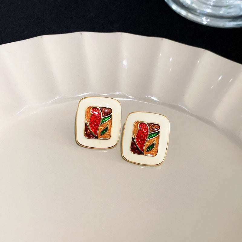 Chic Vintage Heart-Shaped Enamel Earrings with 925 Sterling Silver Posts for Women