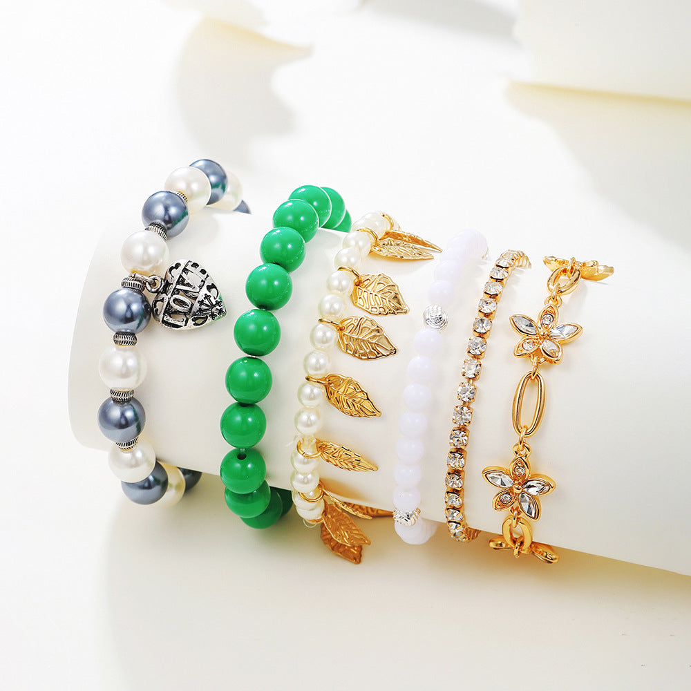 Bohemian Ethnic Floral Alloy Bracelet Set with Pearl Beads