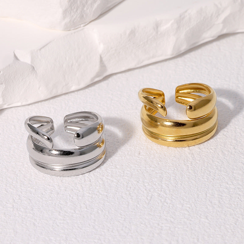Minimalist Asymmetrical Stainless Steel Open Ring for Women with Geometric Shape and Plated Finish