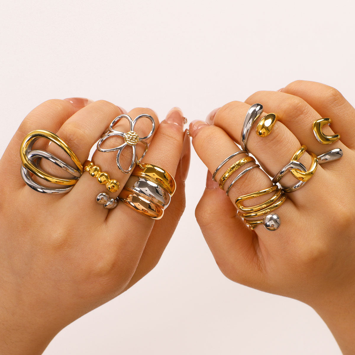 Asymmetrical Geometric Line Stainless Steel Ring for Women with Dual-Tone Plated Finish