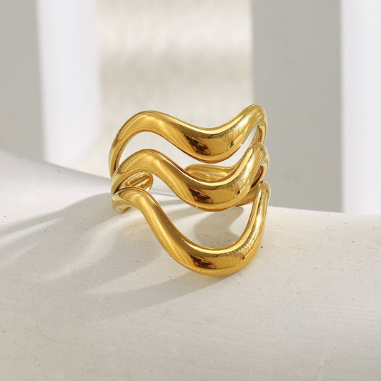 Minimalist Wave-Shaped Stainless Steel Plated 18K Gold Opening Ring for Women