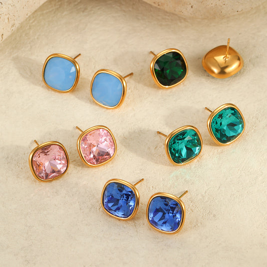Vintage Square Geometric Stainless Steel Earrings with 18K Gold Plating and Colorful Zircon Inlays for Women