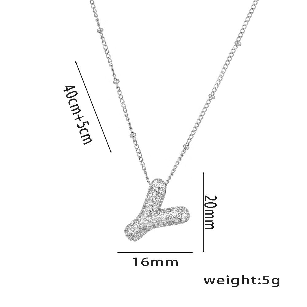 Minimalist Geometric Letter Pendant Necklace in Titanium Steel with Rhinestone Inlay and White Gold Plating on Snake Chain for Women