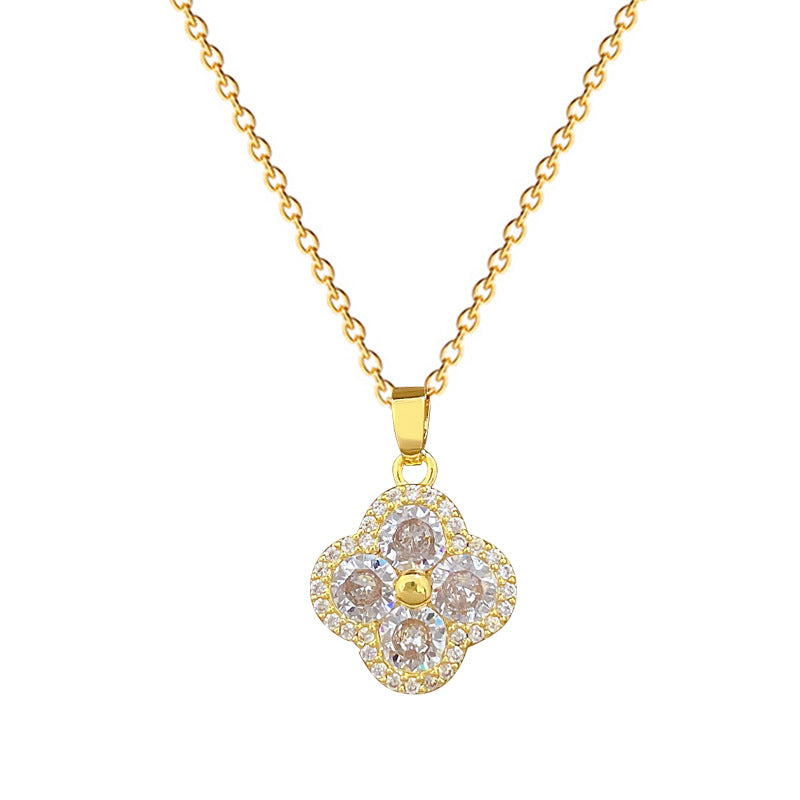 Sweet Geometric Clover Cubic Zirconia Titanium Steel Necklace for Unisex