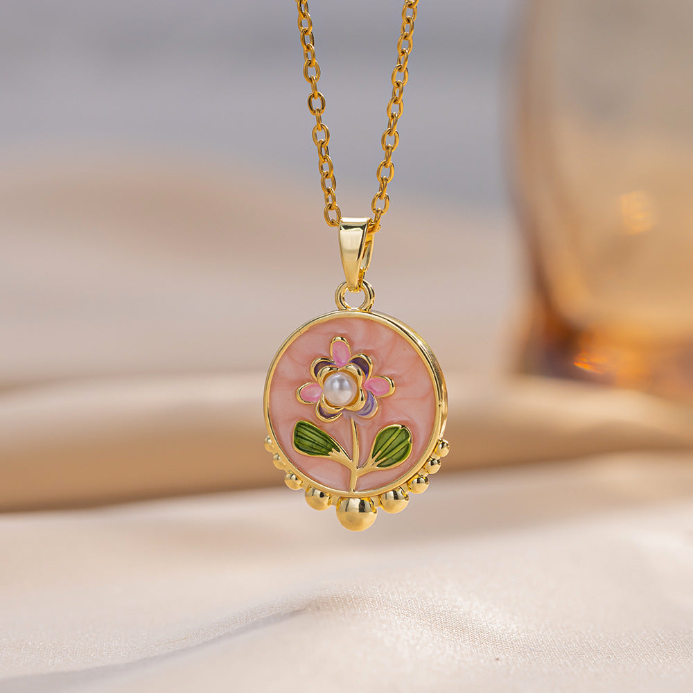 Fashionable Floral Enamel Copper Pendant Necklace for Women with Geometric Shape Titanium Steel Chain and O-Chain Style