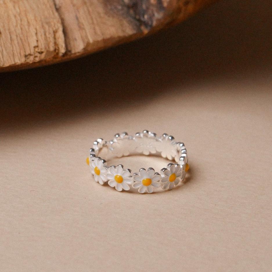 Anello in argento sterling 925 a forma di margherita in stile naturale da donna con finitura galvanizzata