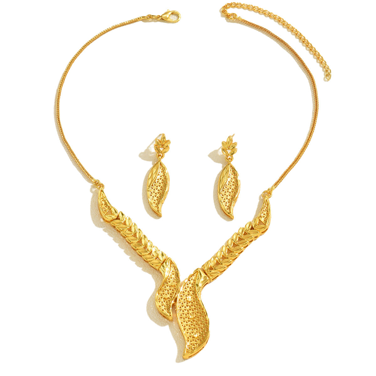 Conjunto de collar con colgante de hoja minimalista y pendientes para mujer, de aleación de metal con diseño calado y acabado galvanizado.