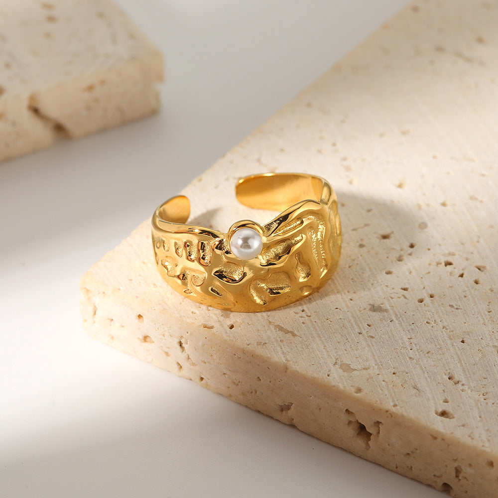Minimalist Geometric Lava Pearl Ring in Stainless Steel with 18K Vacuum Plating, Adjustable Open Band