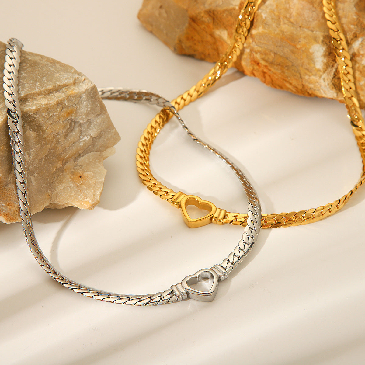 Minimalist Hollow Heart Pendant Necklace in Stainless Steel with 18K Gold Plating Cuban Chain for Women