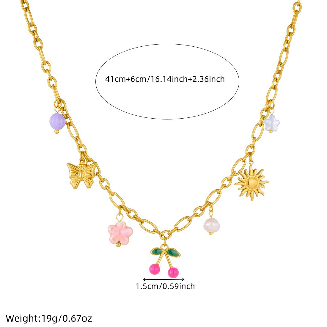 Vintage Sweet Floral Butterfly Drip Oil Gold Plated Stainless Steel Necklace with Pearl and Cherry Pendant