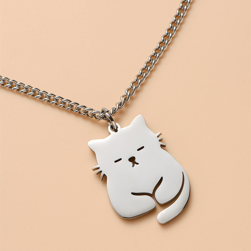 Simpatica collana con ciondolo a forma di gatto in acciaio al titanio con design geometrico, finitura galvanizzata, stile fresco e dolce per le donne