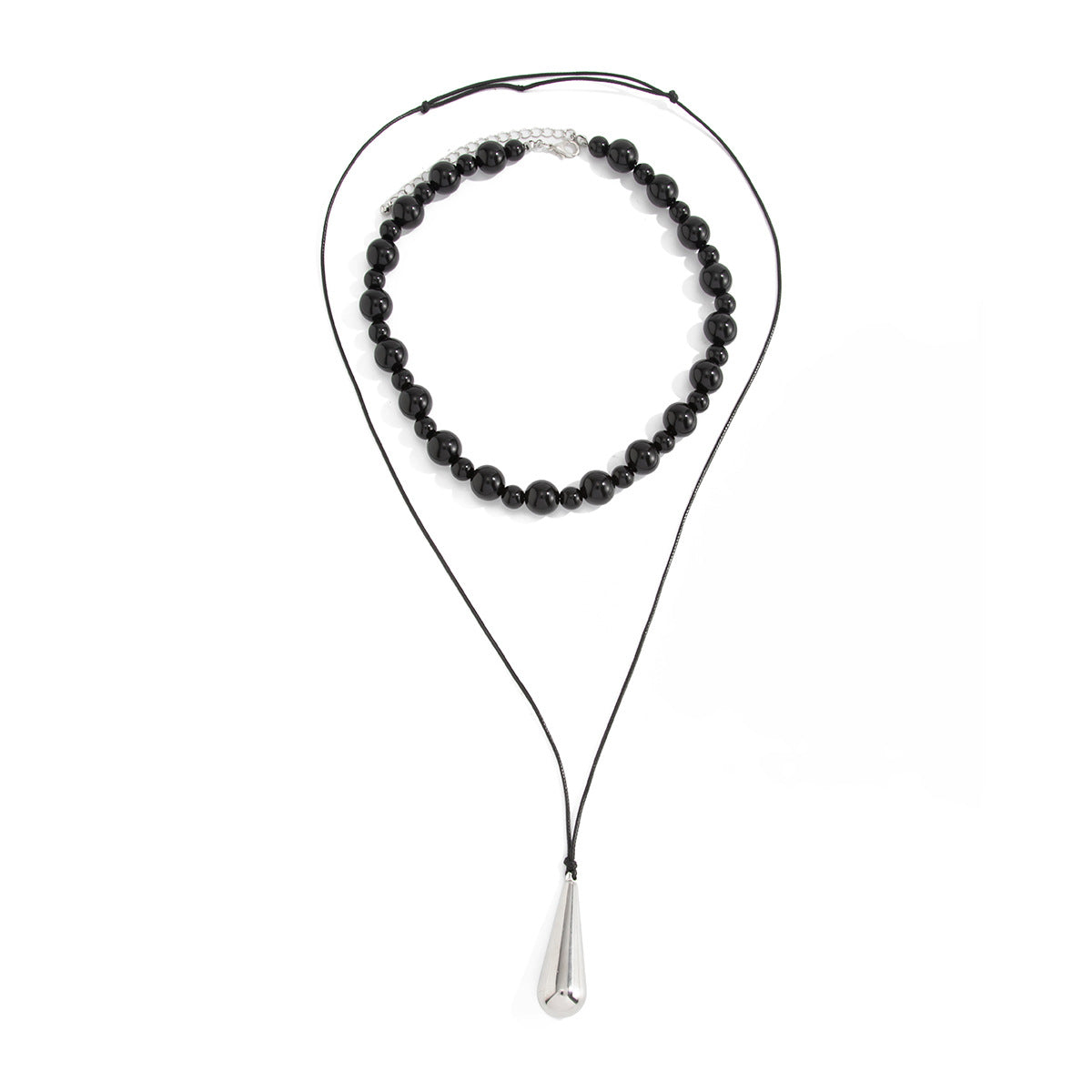 Minimalist Black Acrylic Beaded Teardrop Pendant Necklace with Wax Cord for Women