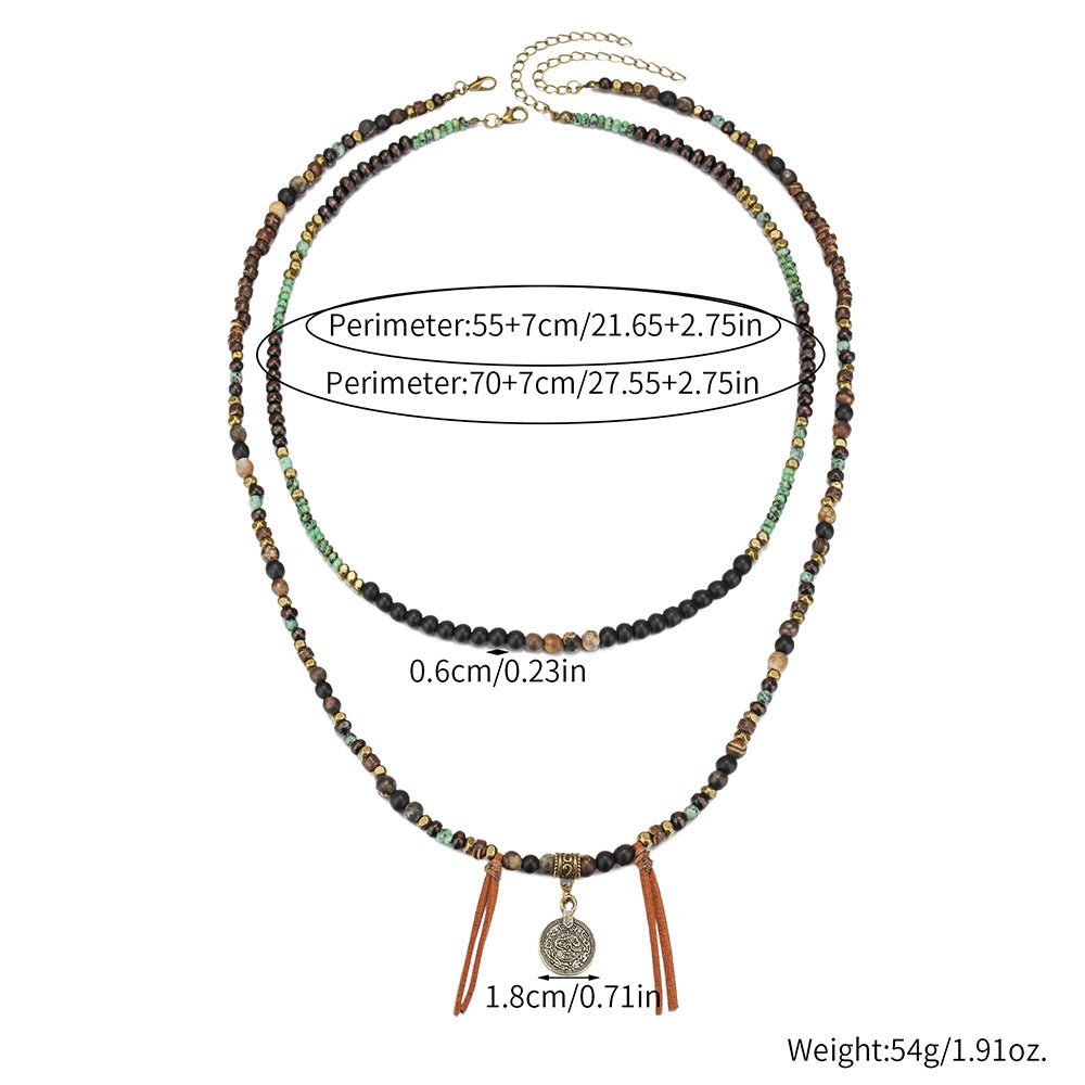 Bohemian Ethnic Geometric Round Alloy Wood Leather Coin Pendant Necklace for Unisex