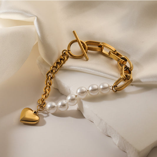Pulsera de acero inoxidable con colgante de corazón y baño de oro de 18 quilates para mujer, estilo vintage